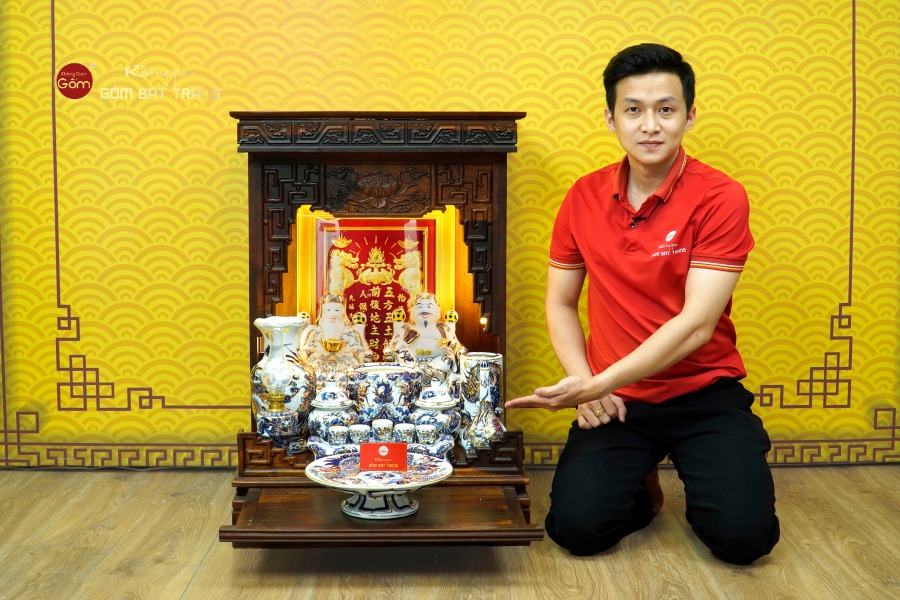 [Set Cao Cấp] Bộ Đồ Thờ Thần Tài Thổ Địa Men Lam Nổi Vẽ Vàng (11 món)