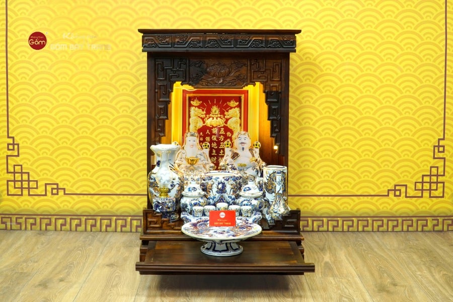 [Set Cao Cấp] Bộ Đồ Thờ Thần Tài Thổ Địa Men Lam Nổi Vẽ Vàng (11 món)
