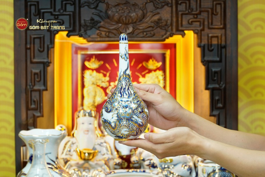 [Set Cao Cấp] Bộ Đồ Thờ Thần Tài Thổ Địa Men Lam Nổi Vẽ Vàng (11 món)