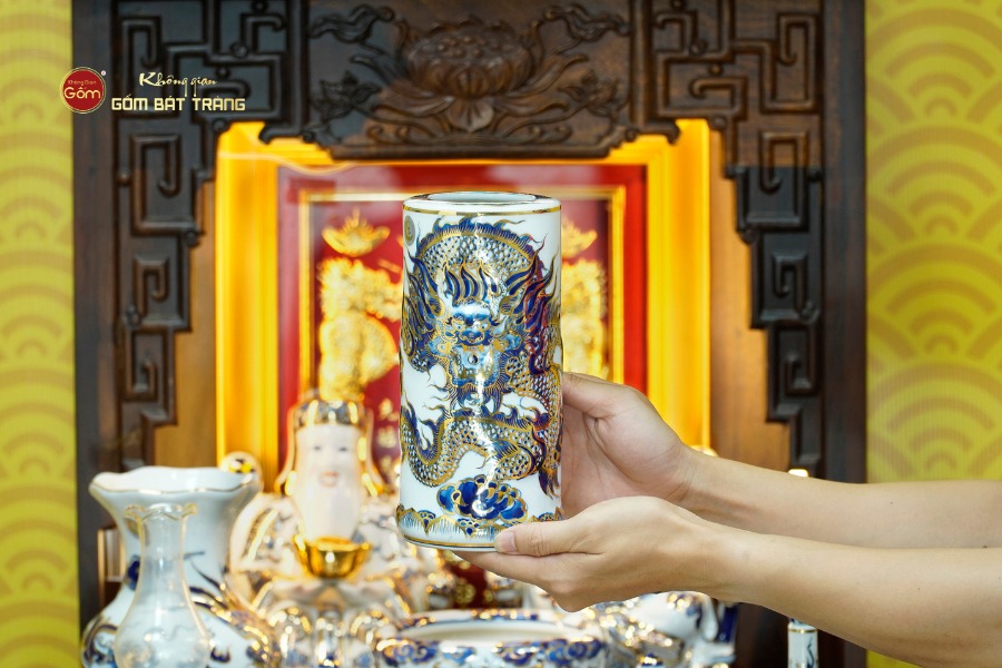 [Set Cao Cấp] Bộ Đồ Thờ Thần Tài Thổ Địa Men Lam Nổi Vẽ Vàng (11 món)