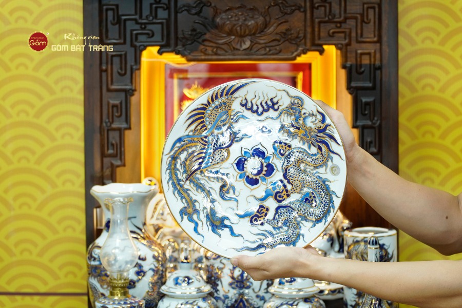 [Set Cao Cấp] Bộ Đồ Thờ Thần Tài Thổ Địa Men Lam Nổi Vẽ Vàng (11 món)