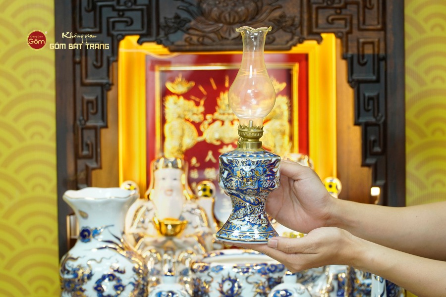 [Set Cao Cấp] Bộ Đồ Thờ Thần Tài Thổ Địa Men Lam Nổi Vẽ Vàng (11 món)