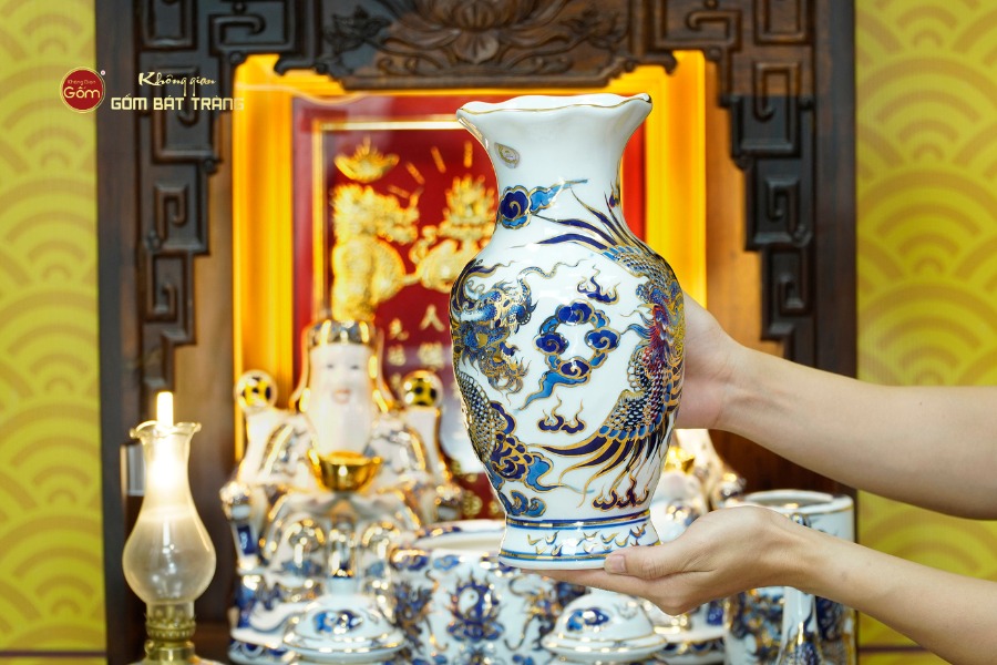 [Set Cao Cấp] Bộ Đồ Thờ Thần Tài Thổ Địa Men Lam Nổi Vẽ Vàng (11 món)