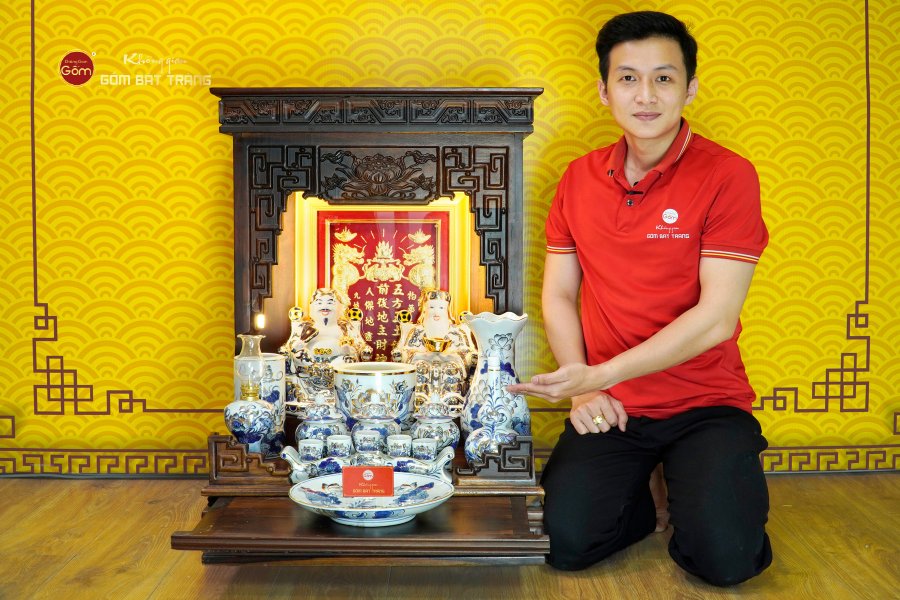 [Set Cao Cấp] Bộ Đồ Thờ Thần Tài Thổ Địa Men Lam Vẽ Vàng (12 món)