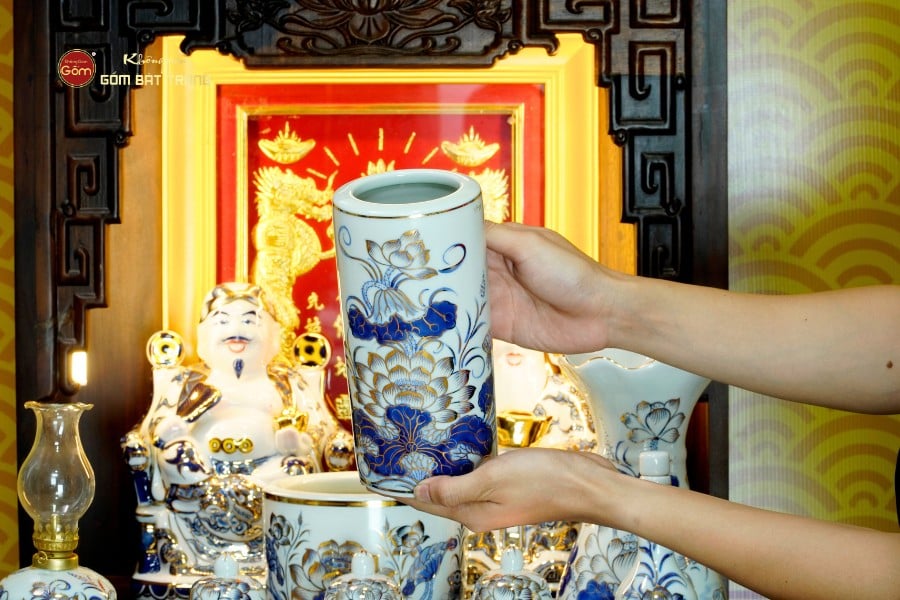 [Set Cao Cấp] Bộ Đồ Thờ Thần Tài Thổ Địa Men Lam Vẽ Vàng (12 món)