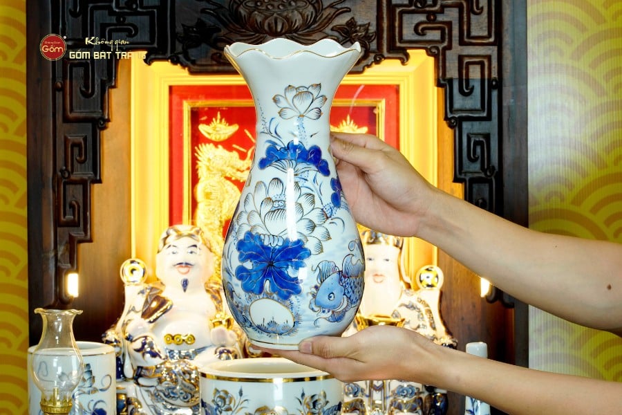 [Set Cao Cấp] Bộ Đồ Thờ Thần Tài Thổ Địa Men Lam Vẽ Vàng (12 món)