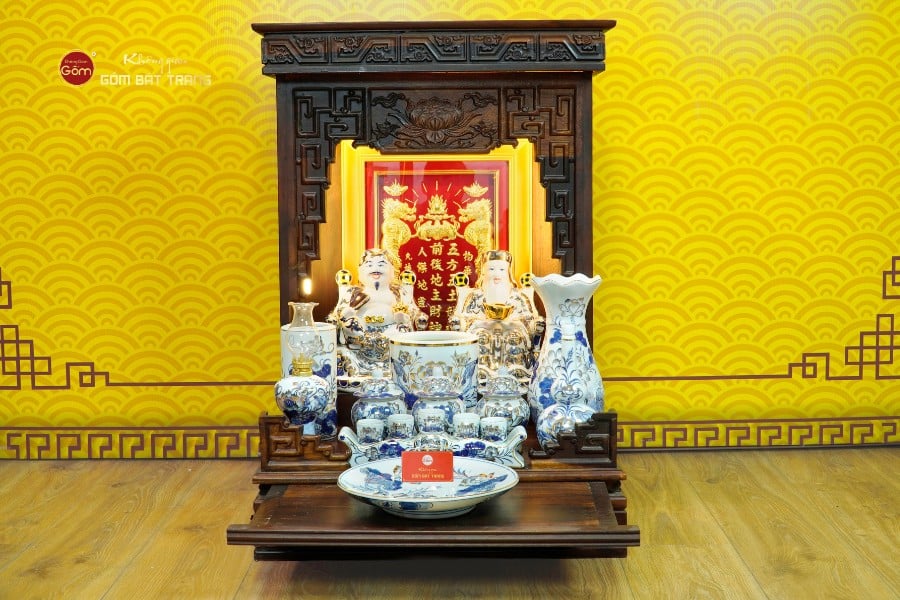 [Set Cao Cấp] Bộ Đồ Thờ Thần Tài Thổ Địa Men Lam Vẽ Vàng (12 món)