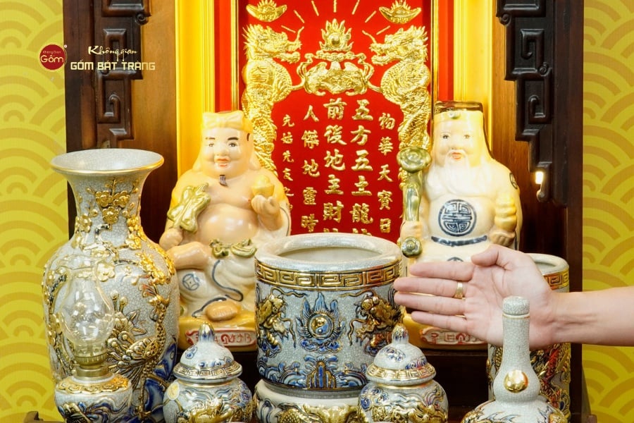 [Set Cao Cấp] Bộ Đồ Thờ Thần Tài Thổ Địa Men Rạn Vẽ Vàng (11 món)