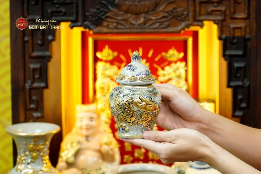 [Set Cao Cấp] Bộ Đồ Thờ Thần Tài Thổ Địa Men Rạn Vẽ Vàng (11 món)