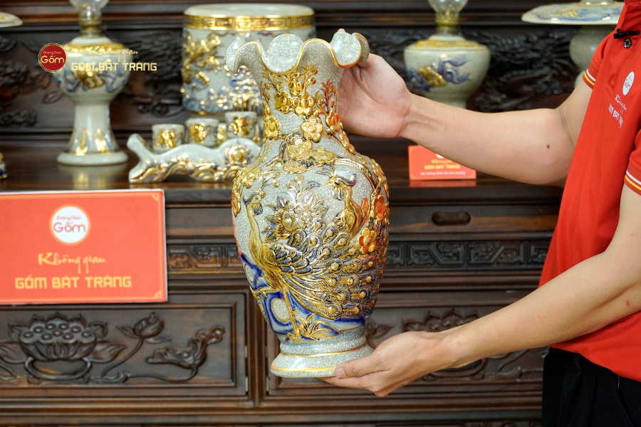 [Set Cơ Bản] Bộ Đồ Thờ Bác Hồ Men Rạn Vẽ Vàng (10 món)