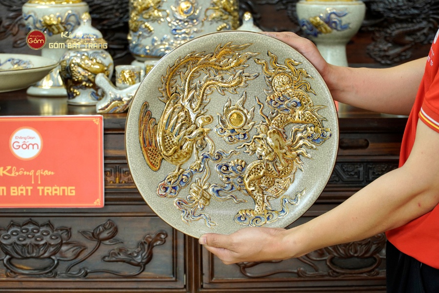 [Set Cơ Bản] Bộ Đồ Thờ Bác Hồ Men Rạn Vẽ Vàng (10 món)