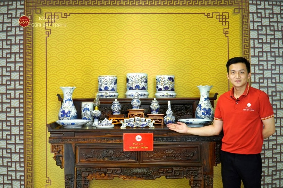 [Set Cơ Bản] Bộ Đồ Thờ Gia Tiên Men Lam Vẽ Vàng (15 món)