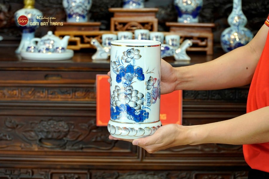 [Set Cơ Bản] Bộ Đồ Thờ Gia Tiên Men Lam Vẽ Vàng (15 món)