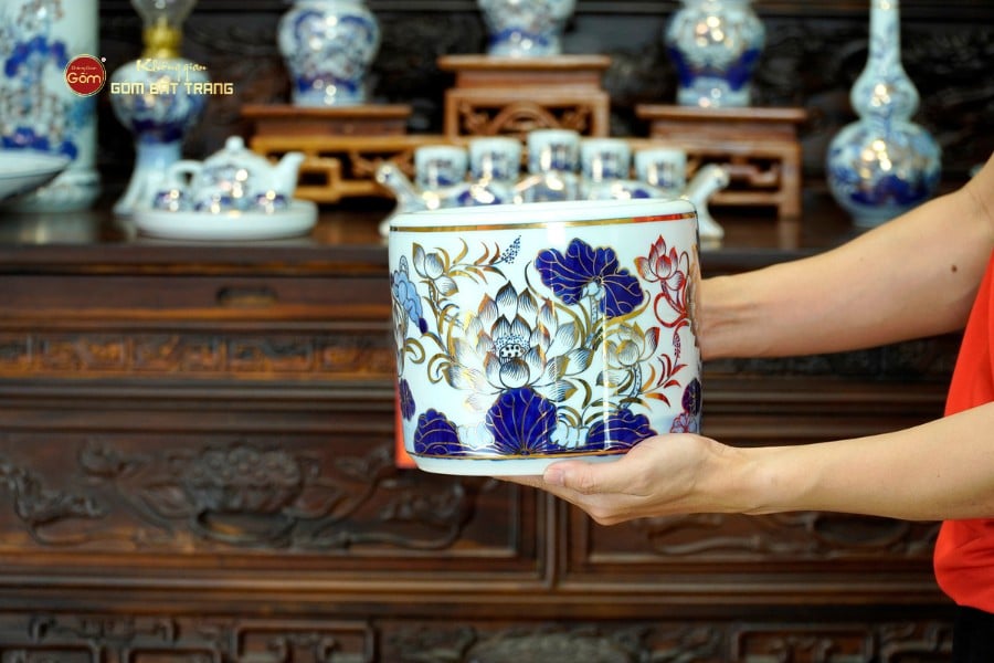 [Set Cơ Bản] Bộ Đồ Thờ Gia Tiên Men Lam Vẽ Vàng (15 món)