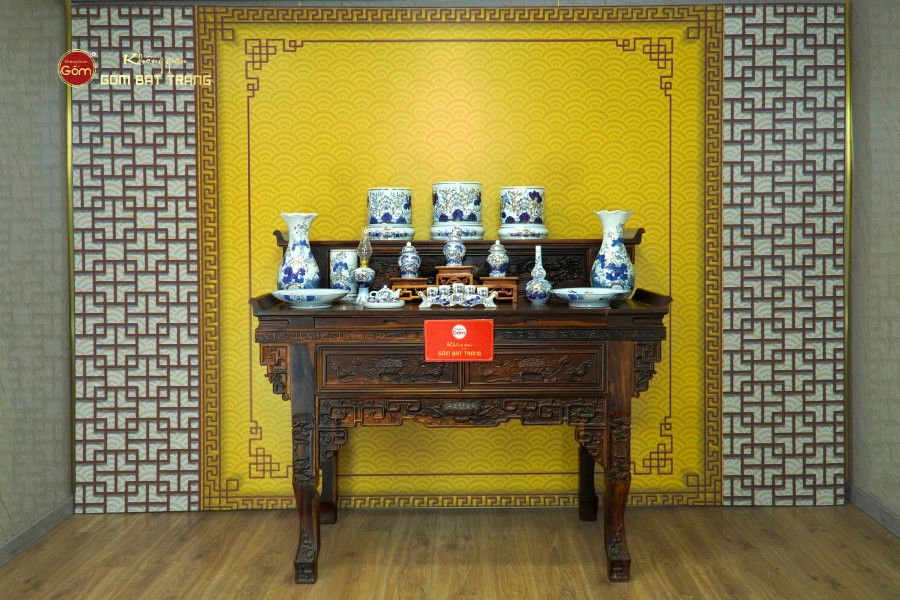 [Set Cơ Bản] Bộ Đồ Thờ Gia Tiên Men Lam Vẽ Vàng (15 món)