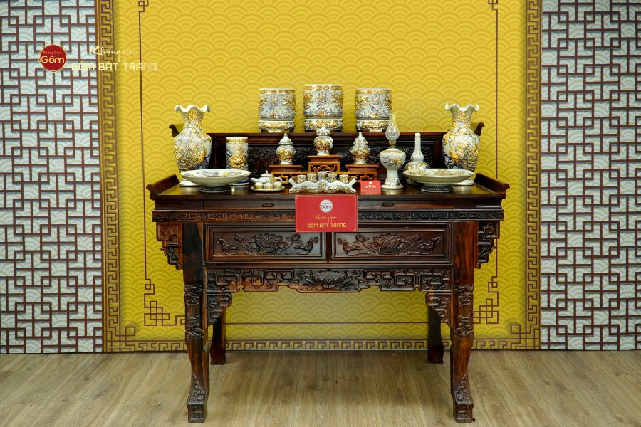 [Set Cơ Bản] Bộ Đồ Thờ Gia Tiên Men Rạn Vẽ Vàng (15 món)
