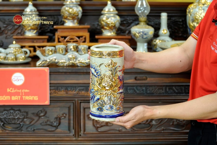 [Set Cơ Bản] Bộ Đồ Thờ Gia Tiên Men Rạn Vẽ Vàng (15 món)