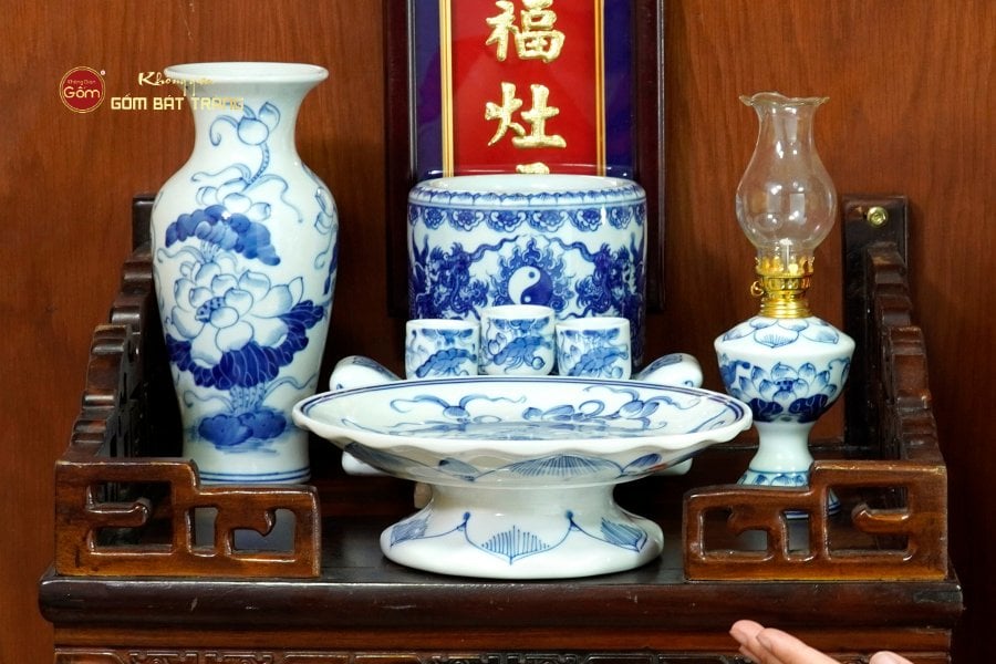 [Set Cơ Bản] Bộ Đồ Thờ Ông Táo Men Lam (6 món)