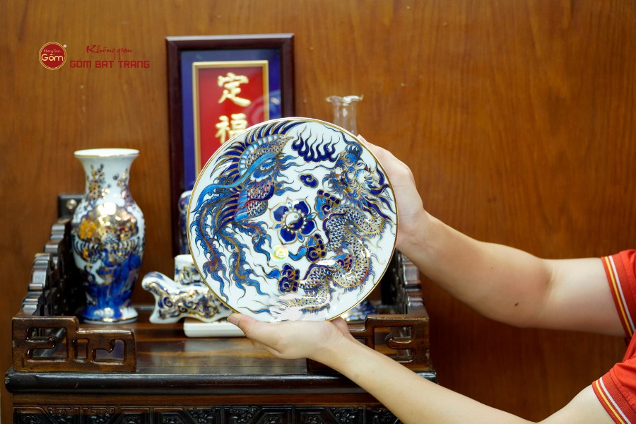 [Set Cơ Bản] Bộ Đồ Thờ Ông Táo Men Lam Nổi Vẽ Vàng (6 món)