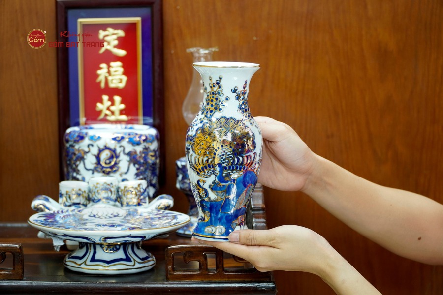 [Set Cơ Bản] Bộ Đồ Thờ Ông Táo Men Lam Nổi Vẽ Vàng (6 món)