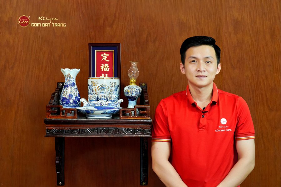 [Set Cơ Bản] Bộ Đồ Thờ Ông Táo Men Lam Vẽ Vàng (6 món)