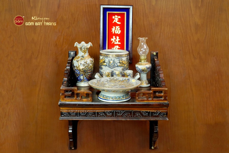 [Set Cơ Bản] Bộ Đồ Thờ Ông Táo Men Rạn Vẽ Vàng (6 món)