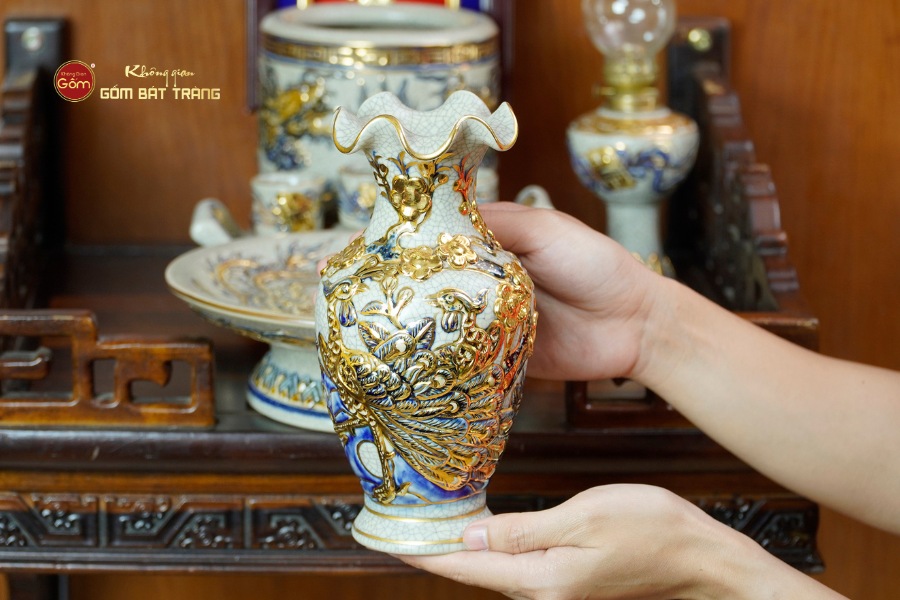 [Set Cơ Bản] Bộ Đồ Thờ Ông Táo Men Rạn Vẽ Vàng (6 món)