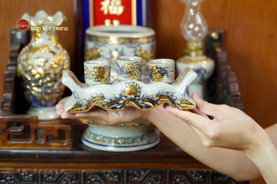 [Set Cơ Bản] Bộ Đồ Thờ Ông Táo Men Rạn Vẽ Vàng (6 món)