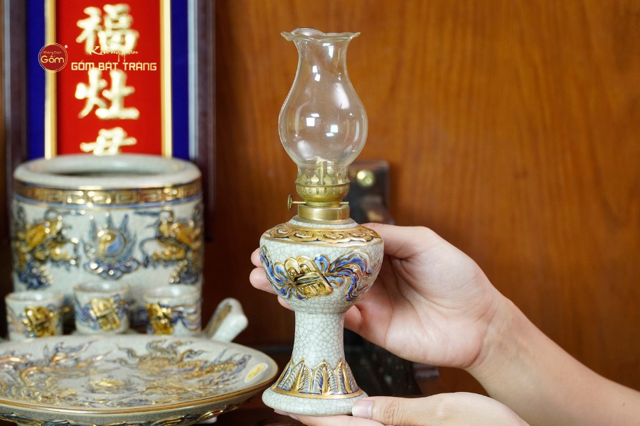 [Set Cơ Bản] Bộ Đồ Thờ Ông Táo Men Rạn Vẽ Vàng (6 món)