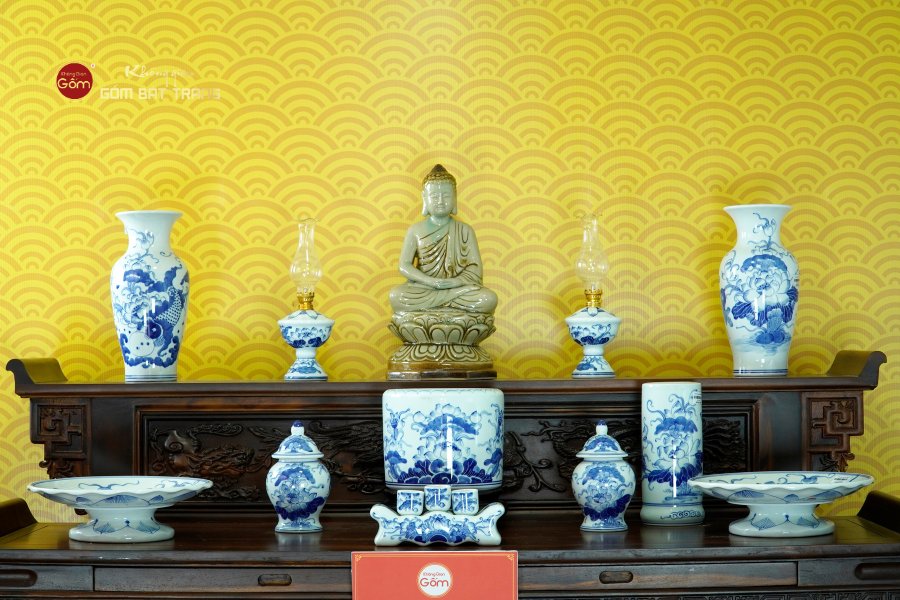 [Set Cơ Bản] Bộ Đồ Thờ Phật Men Lam (11 món)