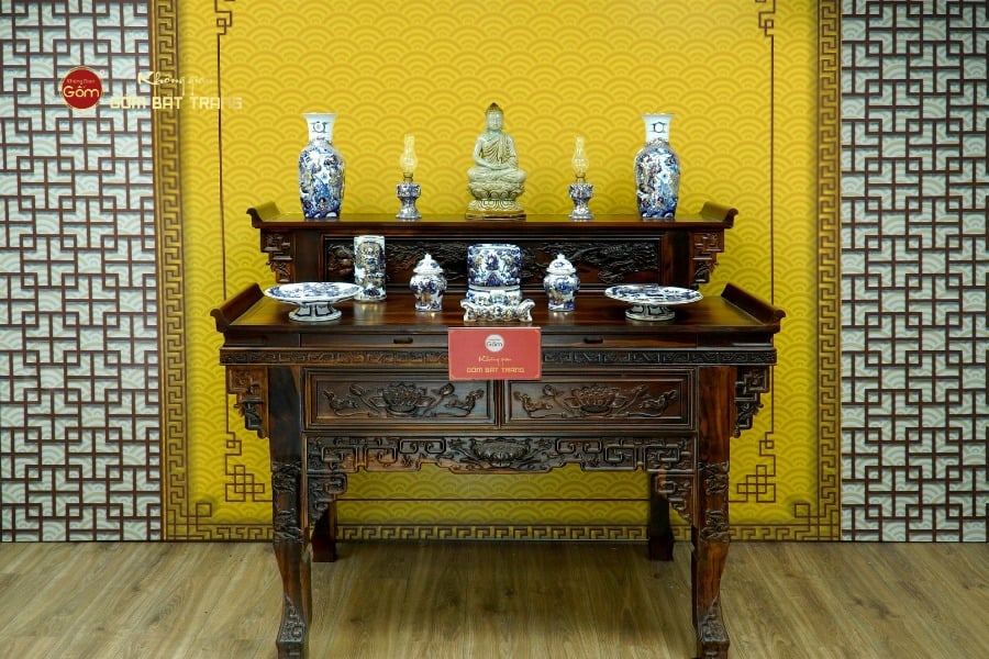 [Set Cơ Bản] Bộ Đồ Thờ Phật Men Lam Nổi Vẽ Vàng (11 món)