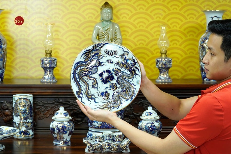 [Set Cơ Bản] Bộ Đồ Thờ Phật Men Lam Nổi Vẽ Vàng (11 món)