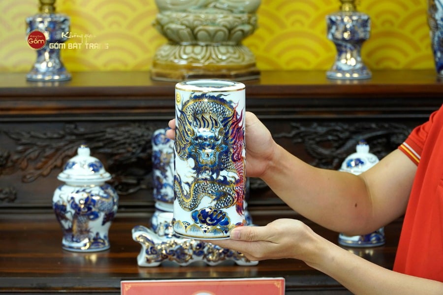 [Set Cơ Bản] Bộ Đồ Thờ Phật Men Lam Nổi Vẽ Vàng (11 món)