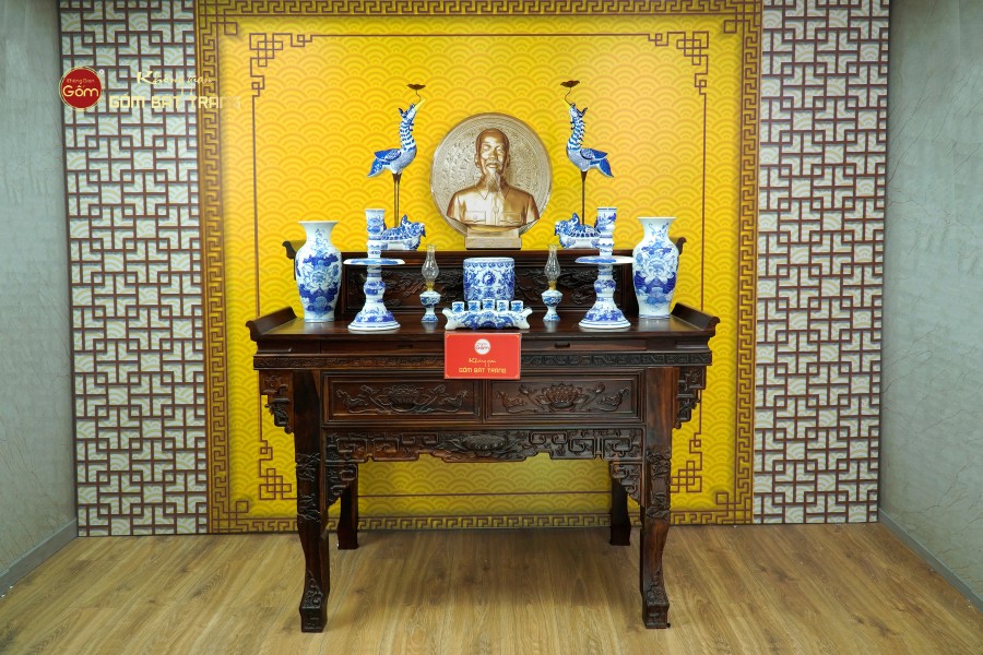 [Set Cơ Bản] Bộ Đồ Thờ Bác Hồ Men Lam (10 món)