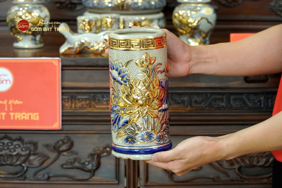 [Set Cơ Bản] Bộ Đồ Thờ Phật Men Rạn Vẽ Vàng (11 món)