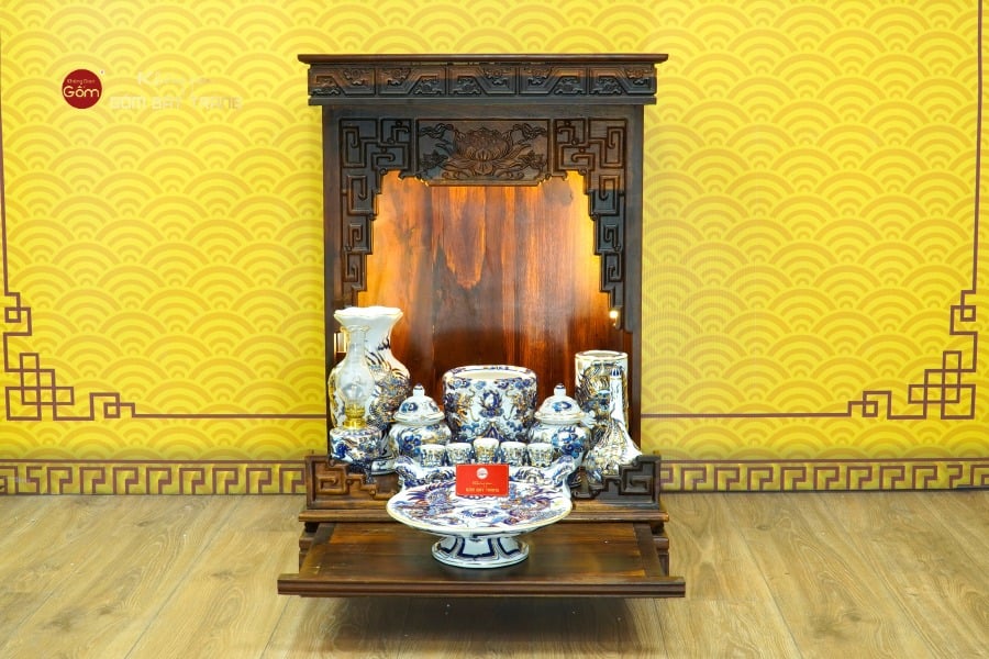 [Set Cơ Bản] Bộ Đồ Thờ Thần Tài Thổ Địa Men Lam Nổi Vẽ Vàng (9 món)
