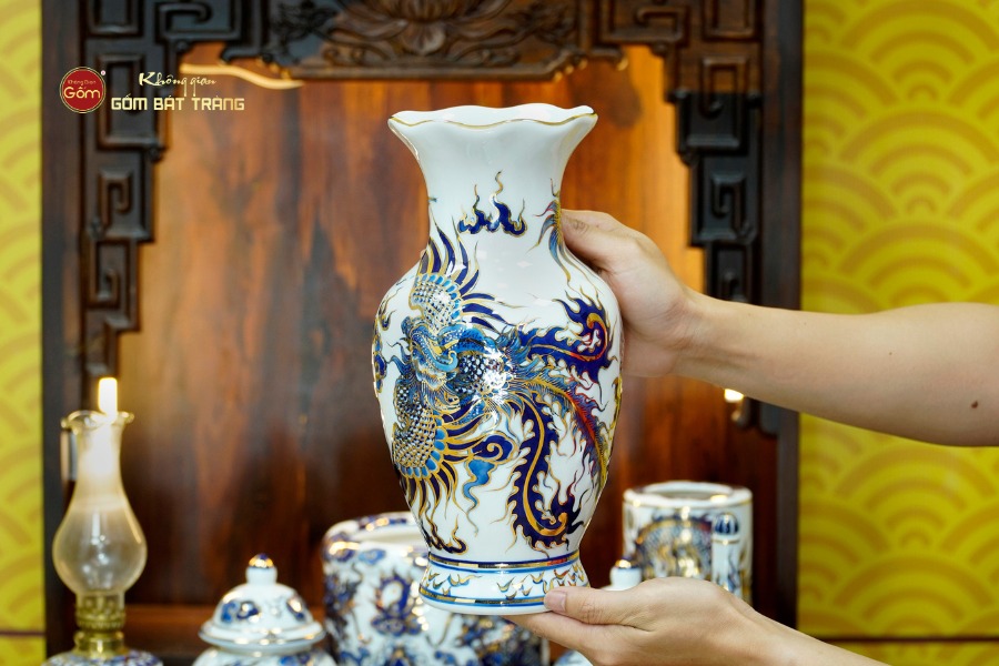 [Set Cơ Bản] Bộ Đồ Thờ Thần Tài Thổ Địa Men Lam Nổi Vẽ Vàng (9 món)