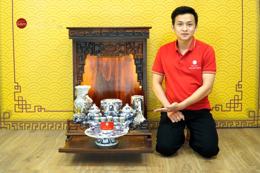 [Set Cơ Bản] Bộ Đồ Thờ Thần Tài Thổ Địa Men Lam Nổi Vẽ Vàng (9 món)