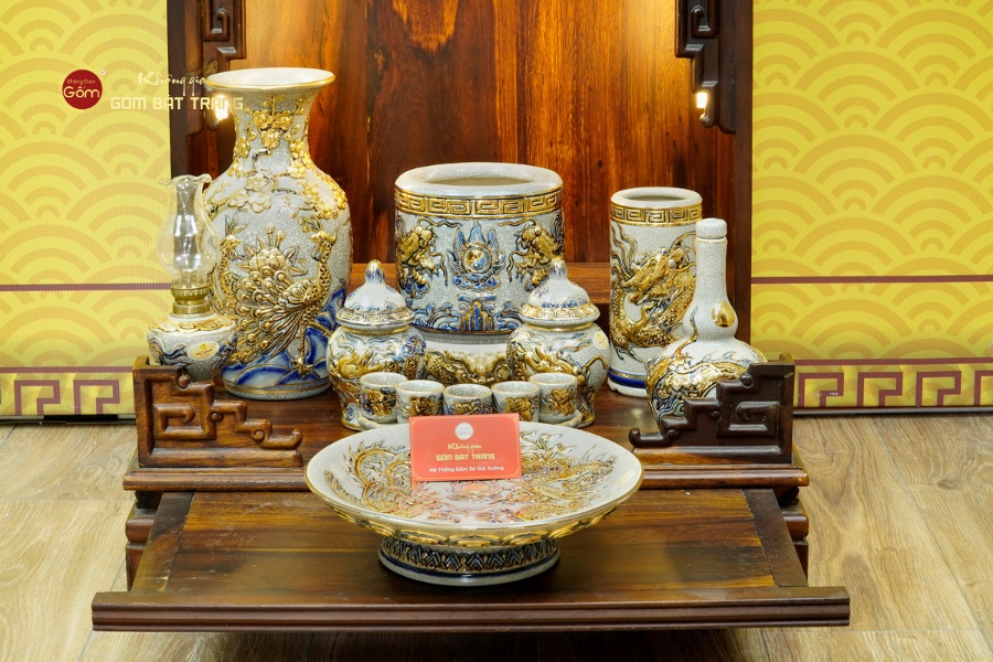 [Set Cơ Bản] Bộ Đồ Thờ Thần Tài Thổ Địa Men Rạn Vẽ Vàng (9 món)