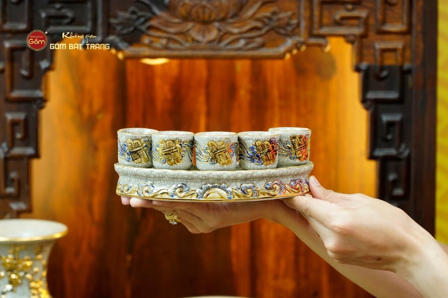 [Set Cơ Bản] Bộ Đồ Thờ Thần Tài Thổ Địa Men Rạn Vẽ Vàng (9 món)