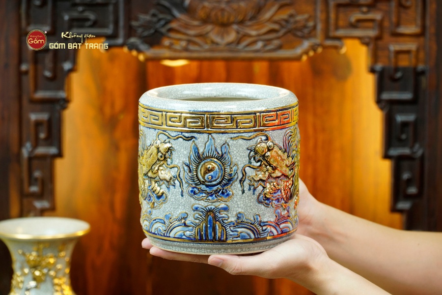 [Set Cơ Bản] Bộ Đồ Thờ Thần Tài Thổ Địa Men Rạn Vẽ Vàng (9 món)