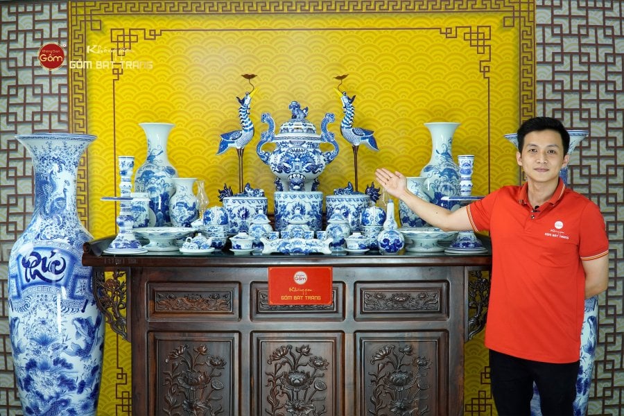 [Set Hào Gia] Bộ Đồ Thờ Gia Tiên Men Lam (34 món)