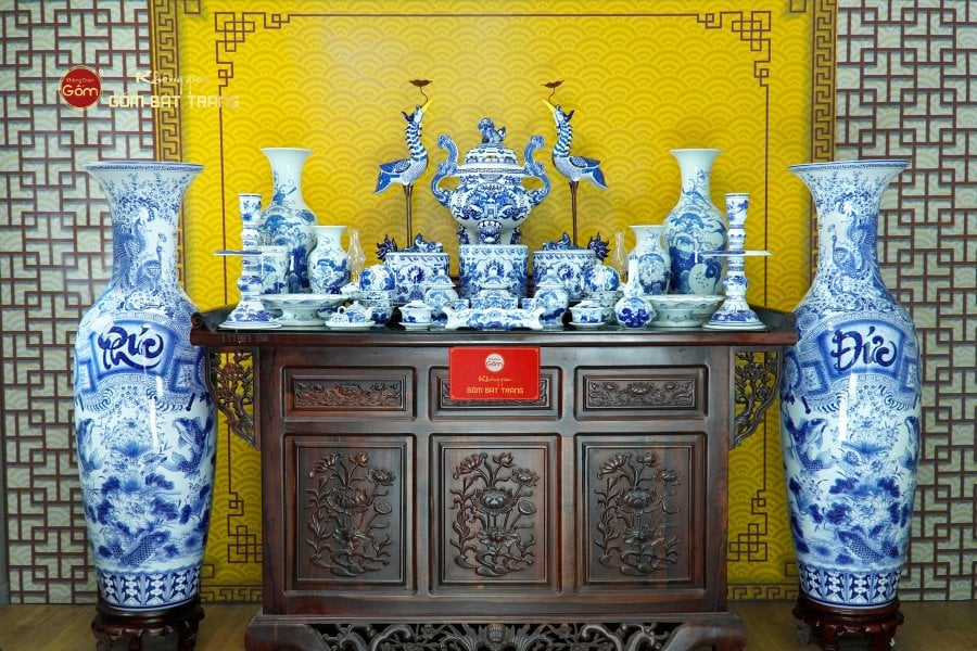 [Set Hào Gia] Bộ Đồ Thờ Gia Tiên Men Lam (34 món)