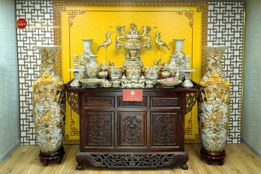 [Set Hào Gia] Bộ Đồ Thờ Gia Tiên Men Rạn Vẽ Vàng (30 món)