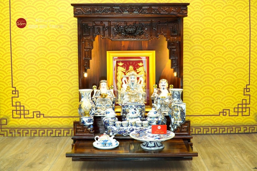 [Set Hào Gia] Bộ Đồ Thờ Thần Tài Thổ Địa Men Lam Nổi Vẽ Vàng (14 món)