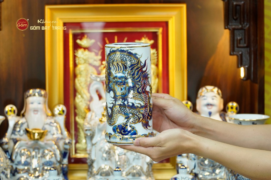 [Set Hào Gia] Bộ Đồ Thờ Thần Tài Thổ Địa Men Lam Nổi Vẽ Vàng (14 món)