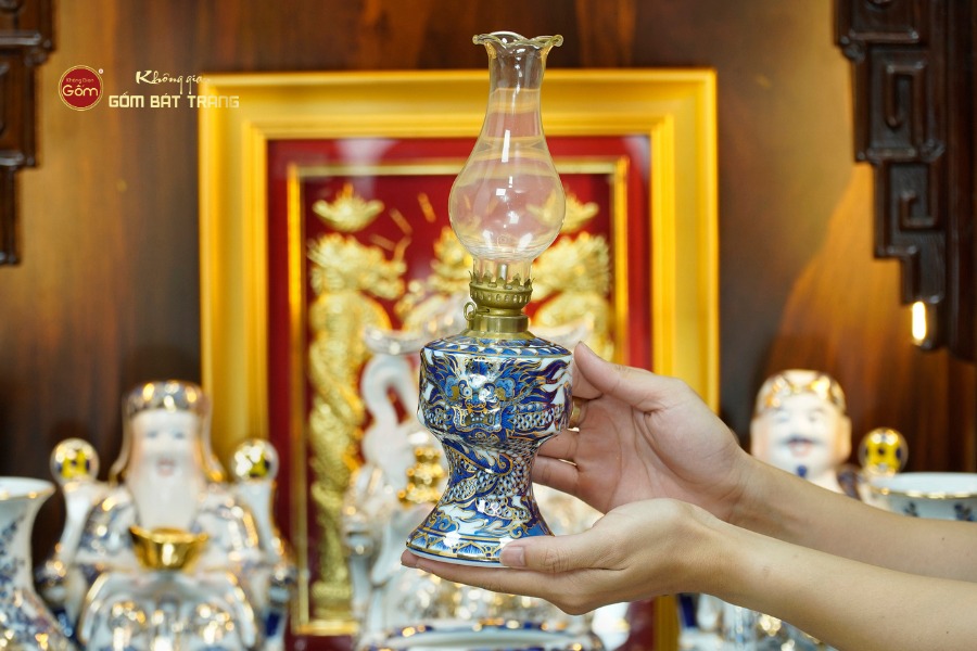 [Set Hào Gia] Bộ Đồ Thờ Thần Tài Thổ Địa Men Lam Nổi Vẽ Vàng (14 món)