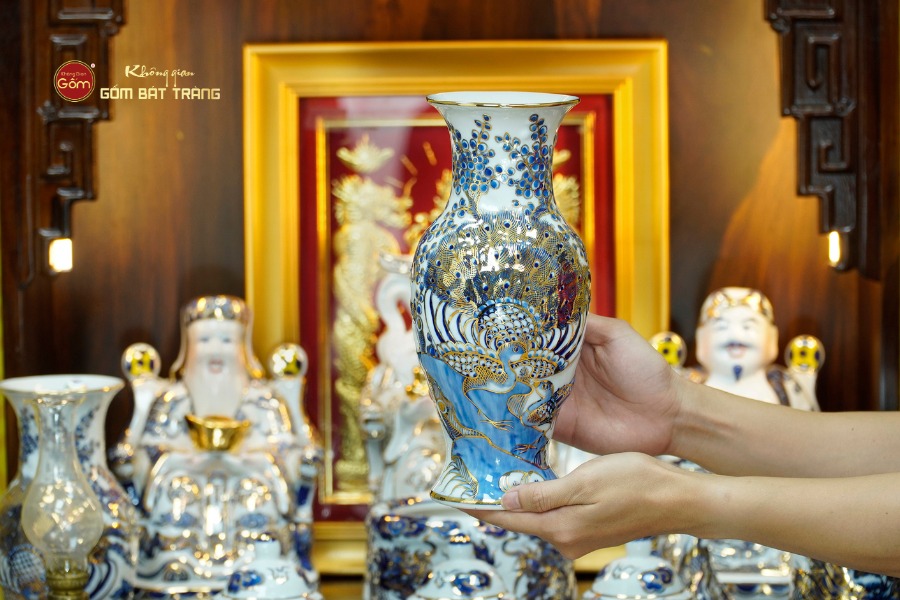 [Set Hào Gia] Bộ Đồ Thờ Thần Tài Thổ Địa Men Lam Nổi Vẽ Vàng (14 món)