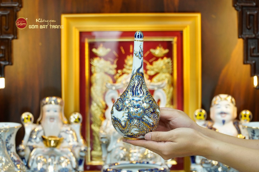 [Set Hào Gia] Bộ Đồ Thờ Thần Tài Thổ Địa Men Lam Nổi Vẽ Vàng (14 món)