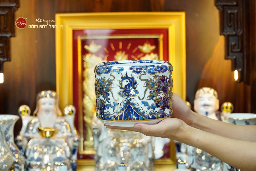 [Set Hào Gia] Bộ Đồ Thờ Thần Tài Thổ Địa Men Lam Nổi Vẽ Vàng (14 món)